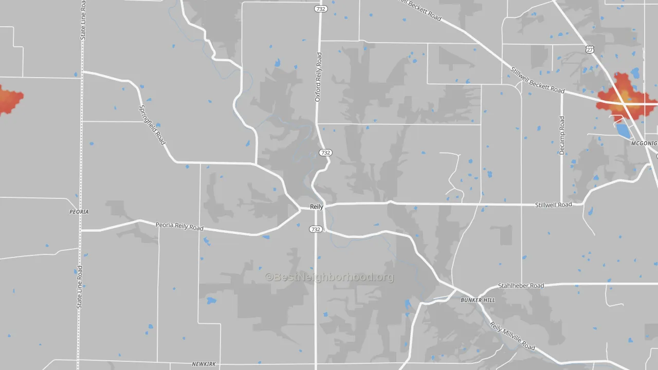 Walk Grade map of Reily, OH, walkable areas in green and car-dependent areas in red