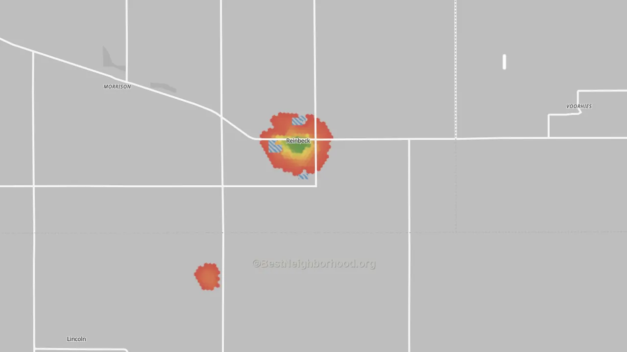 Walk Grade map of Reinbeck, IA, walkable areas in green and car-dependent areas in red