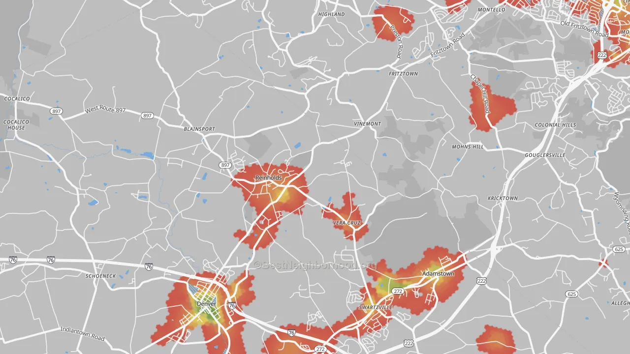 Walk Grade map of Reinholds, PA, walkable areas in green and car-dependent areas in red