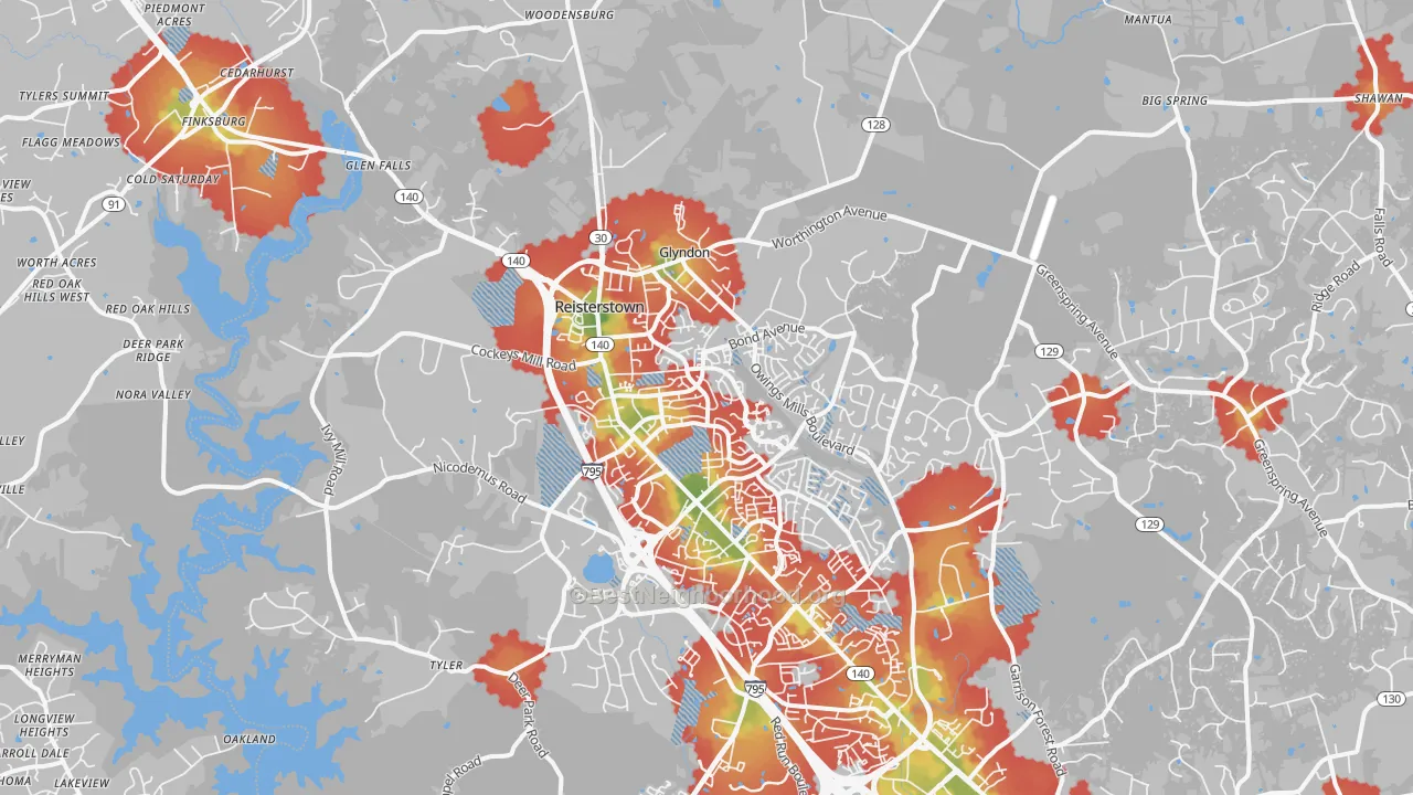 Walk Grade map of Reisterstown, MD, walkable areas in green and car-dependent areas in red