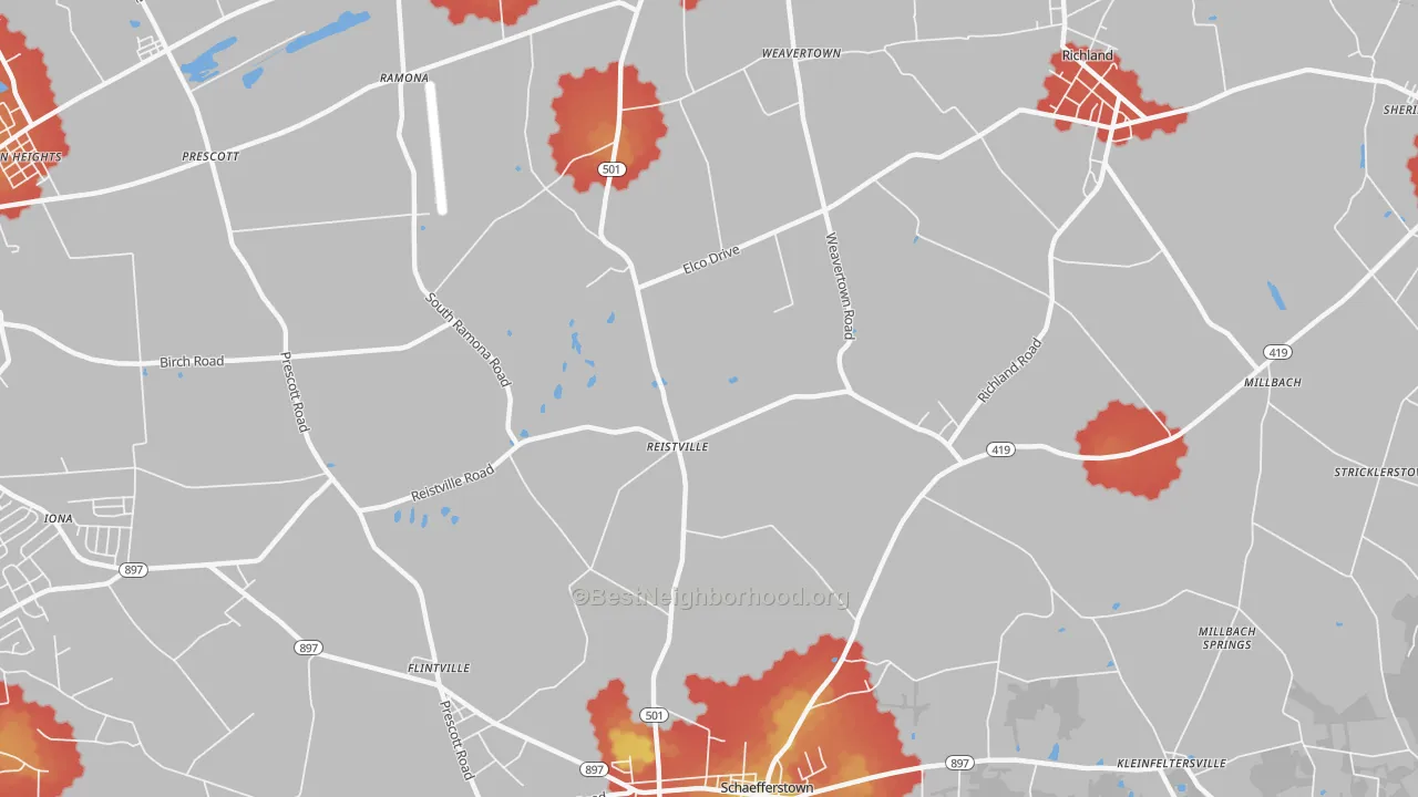 Walk Grade map of Reistville, PA, walkable areas in green and car-dependent areas in red