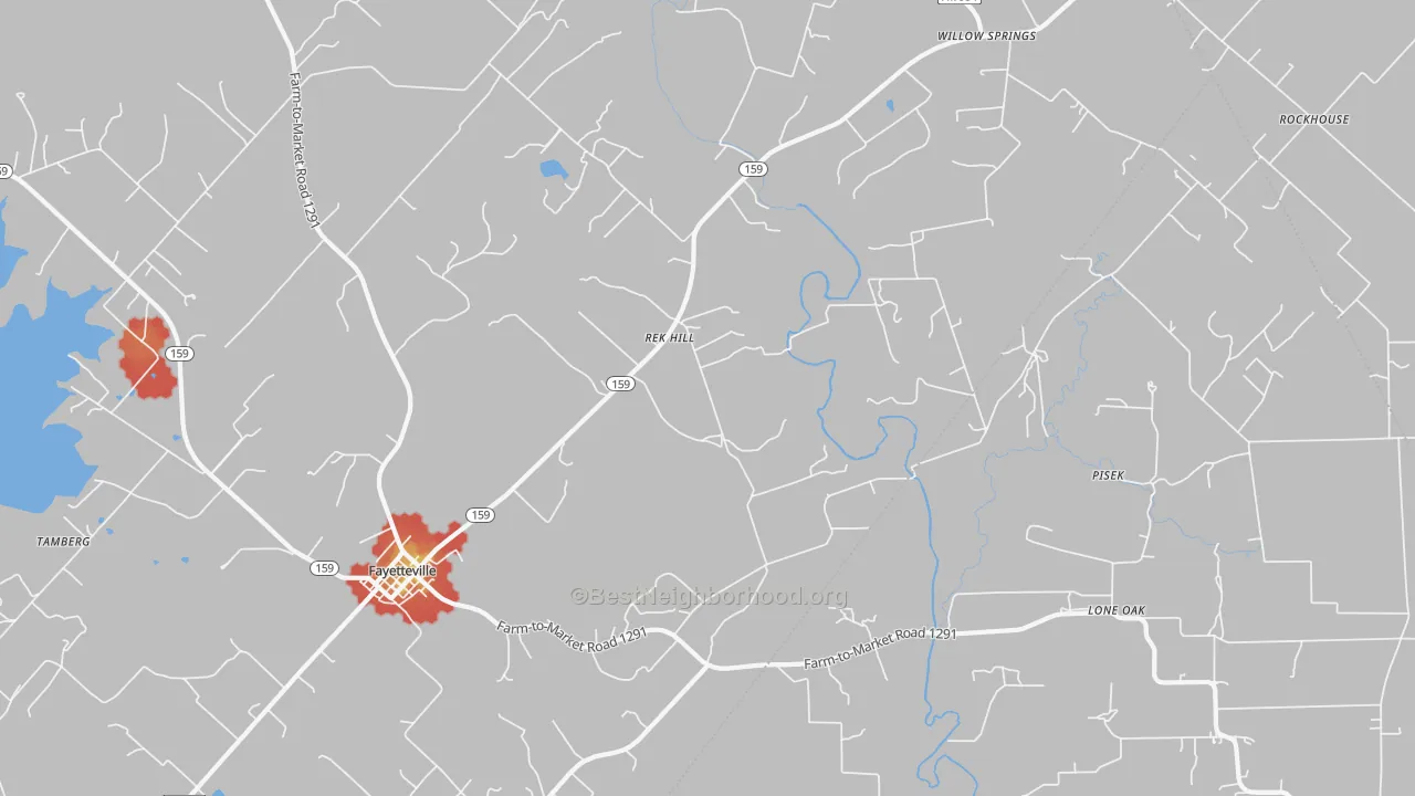 Walk Grade map of Rek Hill, TX, walkable areas in green and car-dependent areas in red