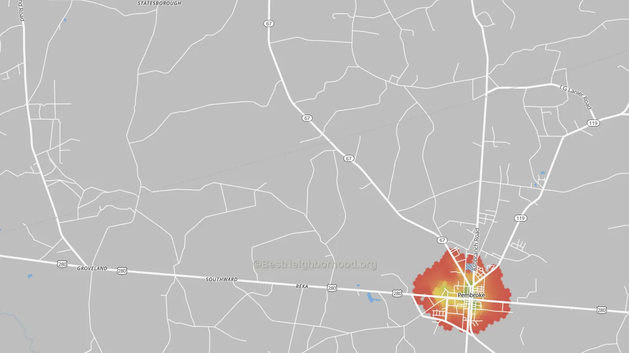 Walk Grade map of Reka, GA, walkable areas in green and car-dependent areas in red