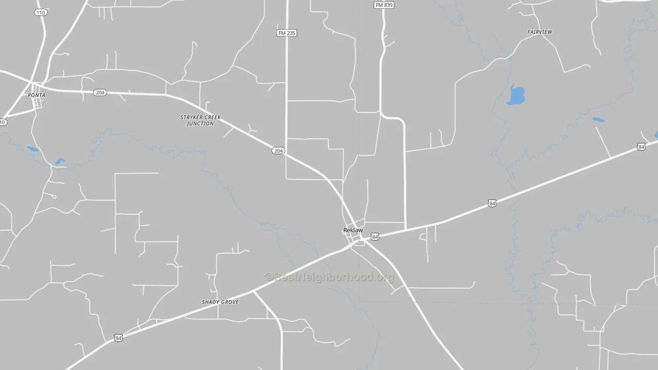 Walk Grade map of Reklaw, TX, walkable areas in green and car-dependent areas in red
