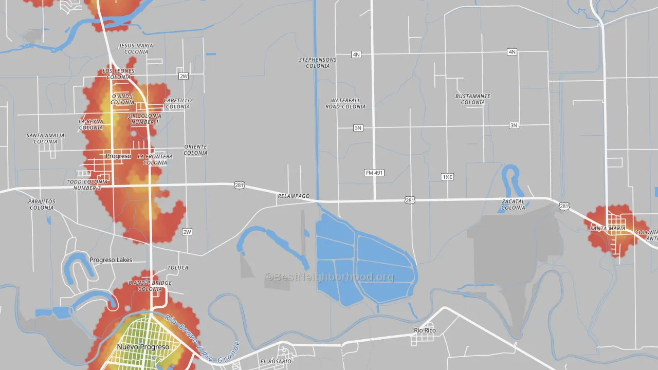 Walk Grade map of Relampago, TX, walkable areas in green and car-dependent areas in red