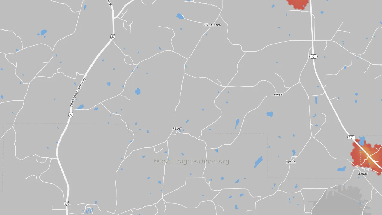 Walk Grade map of Relay, GA, walkable areas in green and car-dependent areas in red
