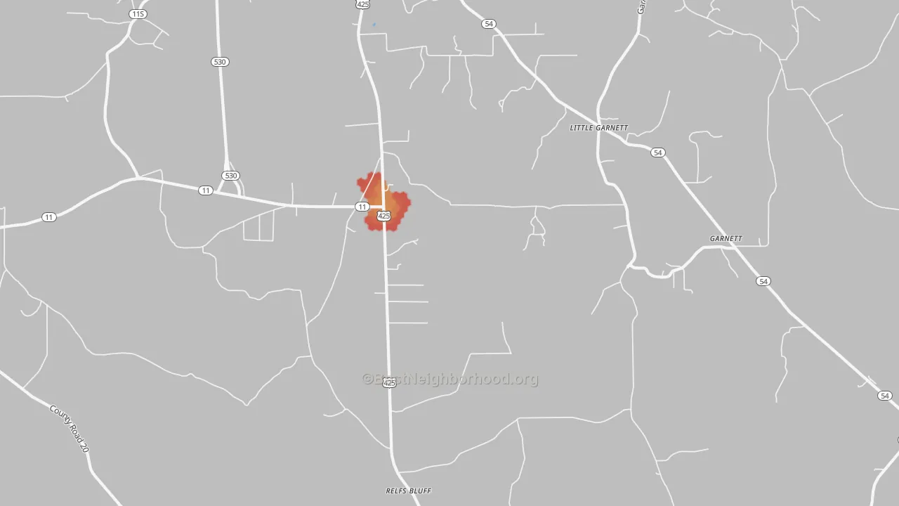 Walk Grade map of Relfs Bluff, AR, walkable areas in green and car-dependent areas in red