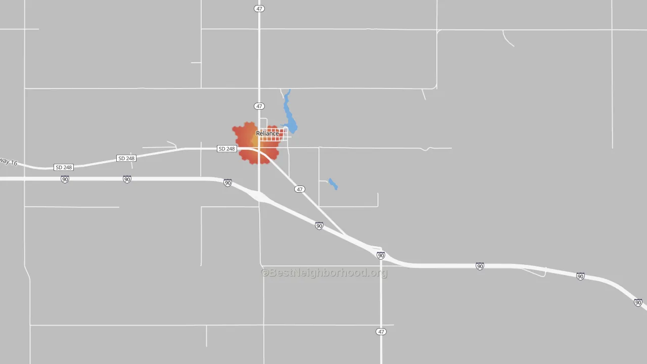 Walk Grade map of Reliance, SD, walkable areas in green and car-dependent areas in red