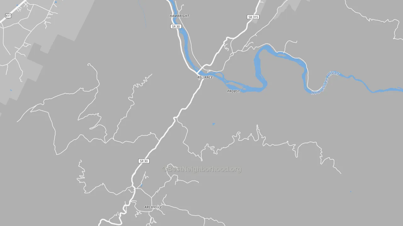 Walk Grade map of Reliance, TN, walkable areas in green and car-dependent areas in red