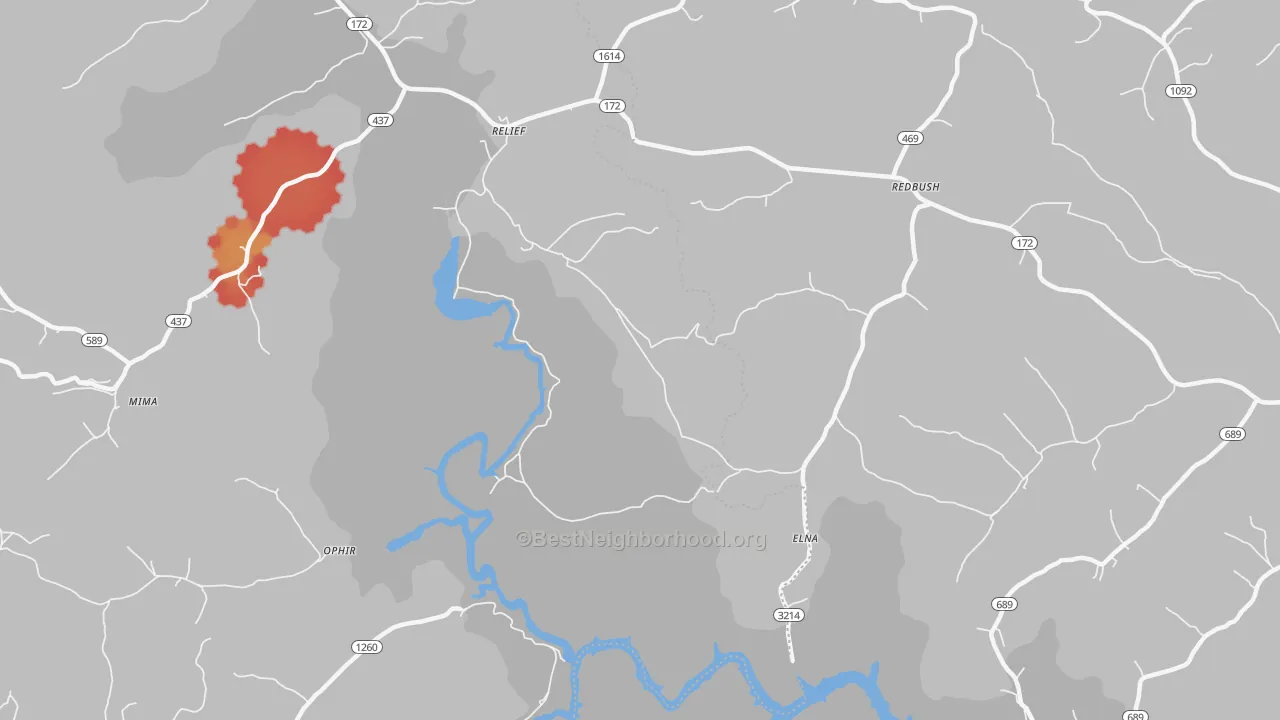 Walk Grade map of Relief, KY, walkable areas in green and car-dependent areas in red