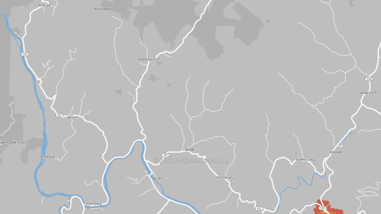 Walk Grade map of Relief, NC, walkable areas in green and car-dependent areas in red