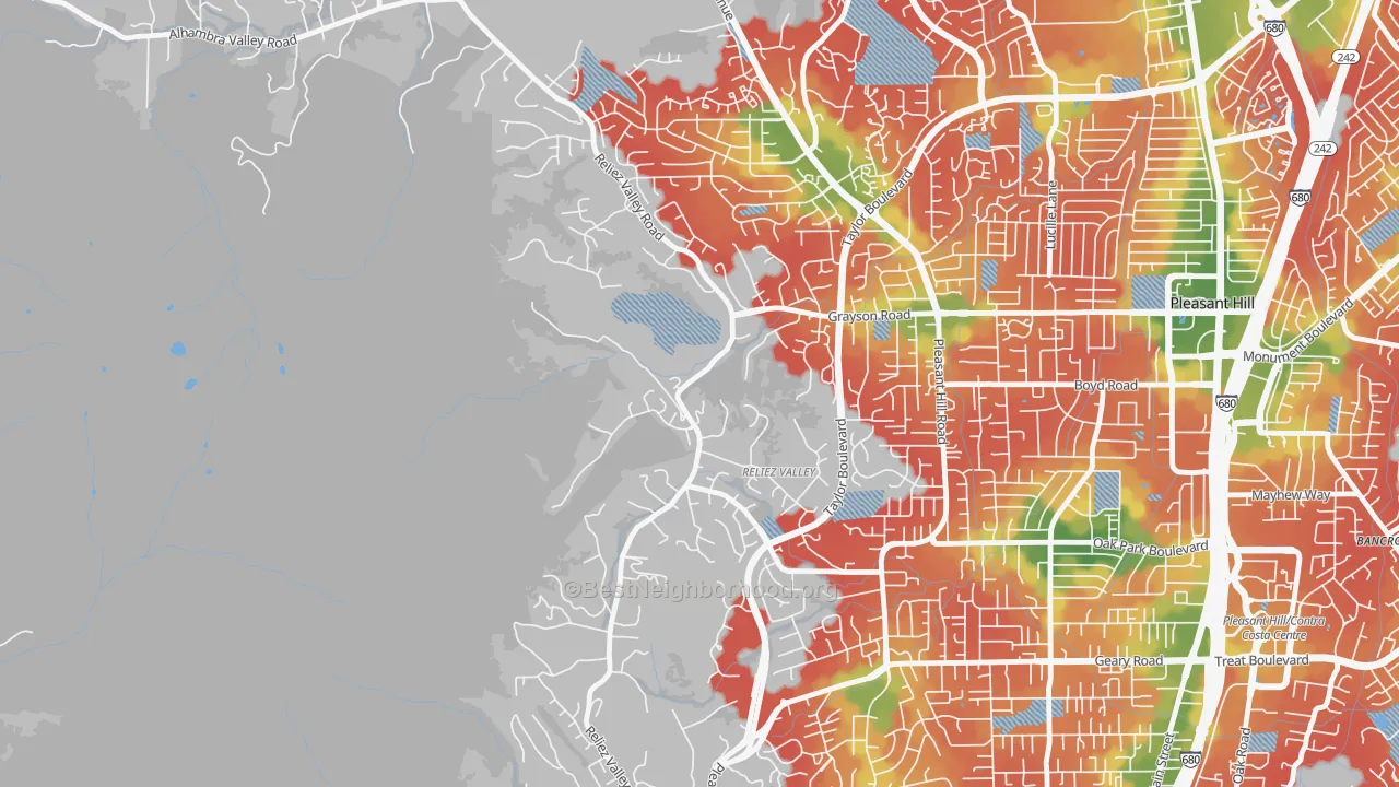 Walk Grade map of Reliez Valley, CA, walkable areas in green and car-dependent areas in red