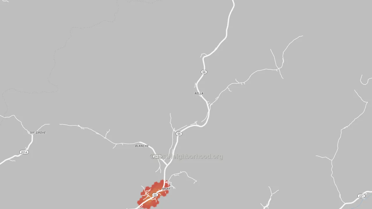 Walk Grade map of Rella, KY, walkable areas in green and car-dependent areas in red