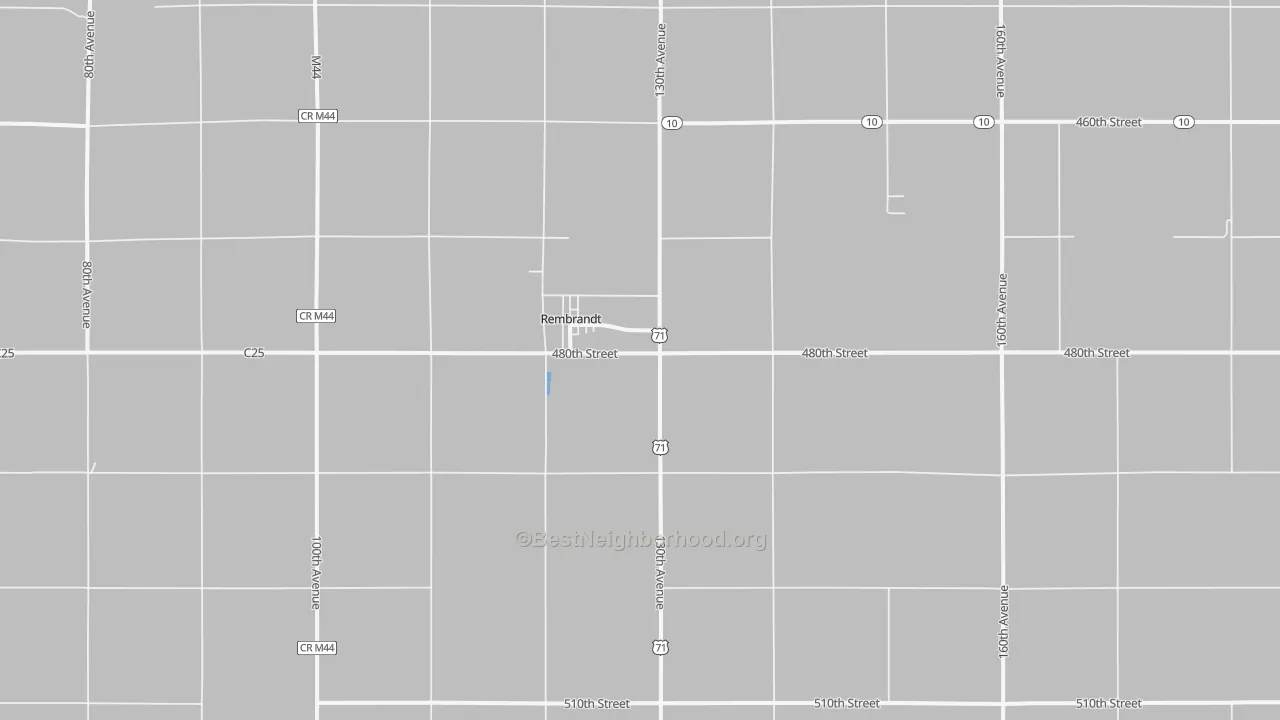 Walk Grade map of Rembrandt, IA, walkable areas in green and car-dependent areas in red
