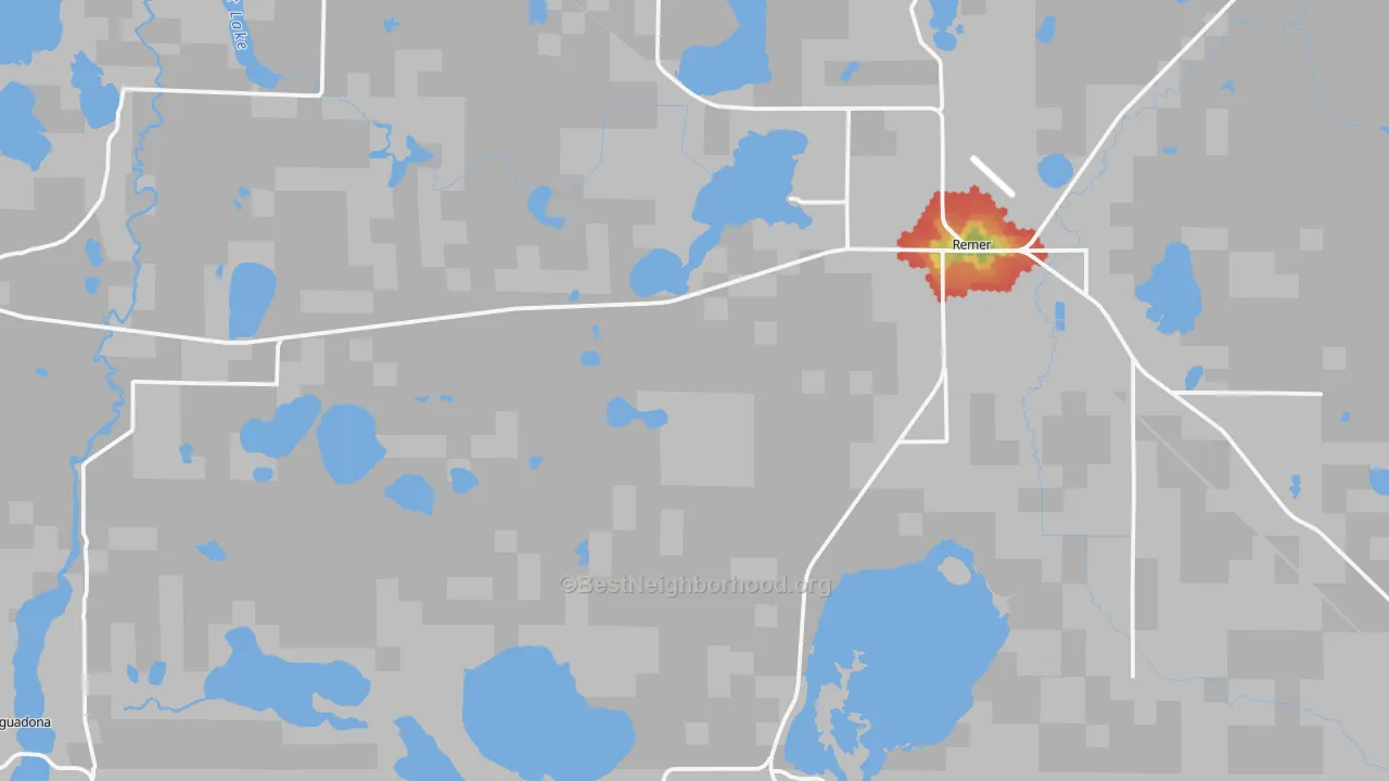 Walk Grade map of Remer, MN, walkable areas in green and car-dependent areas in red