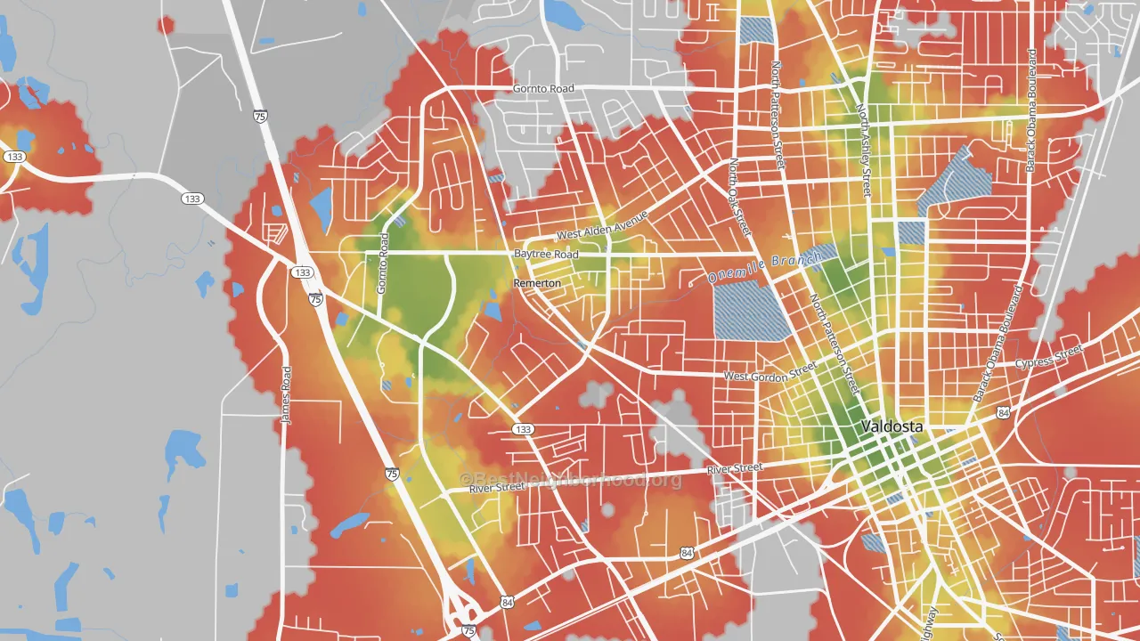 Walk Grade map of Remerton, GA, walkable areas in green and car-dependent areas in red