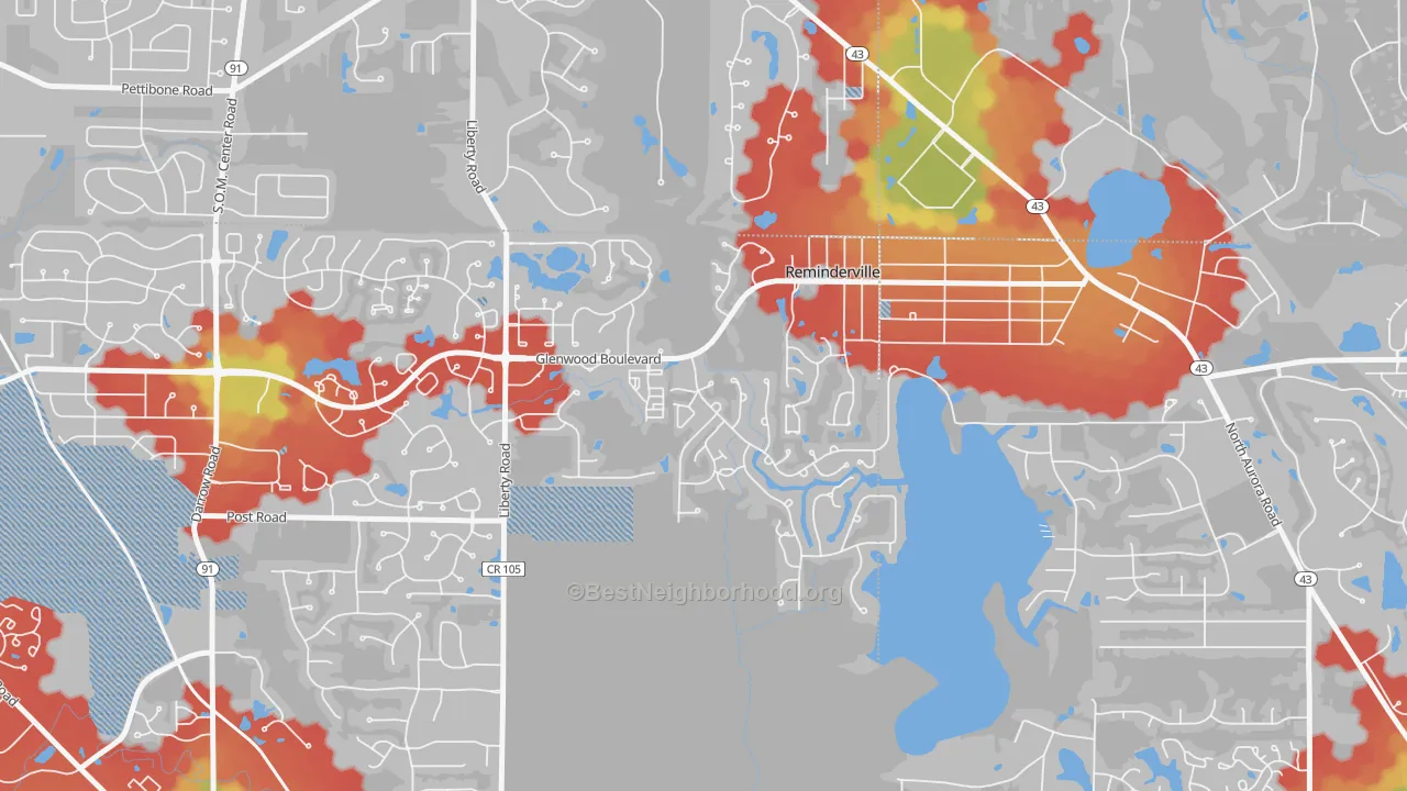Walk Grade map of Reminderville, OH, walkable areas in green and car-dependent areas in red