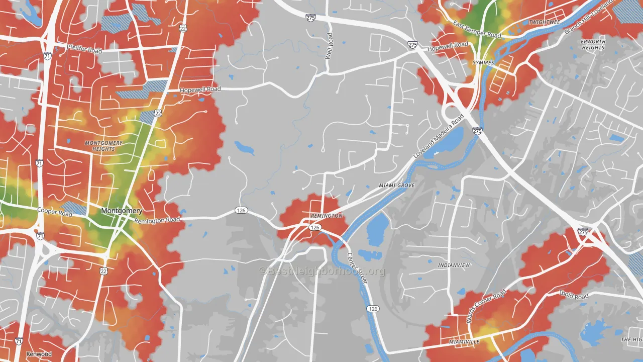 Walk Grade map of Remington, OH, walkable areas in green and car-dependent areas in red