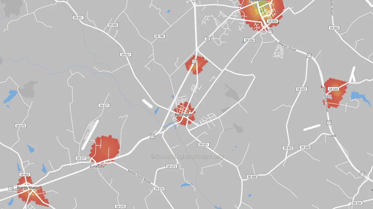 Walk Grade map of Remington, VA, walkable areas in green and car-dependent areas in red