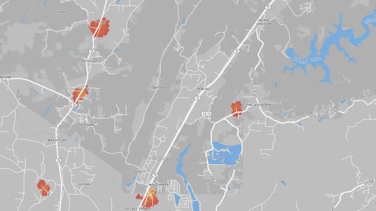 Walk Grade map of Remlap, AL, walkable areas in green and car-dependent areas in red