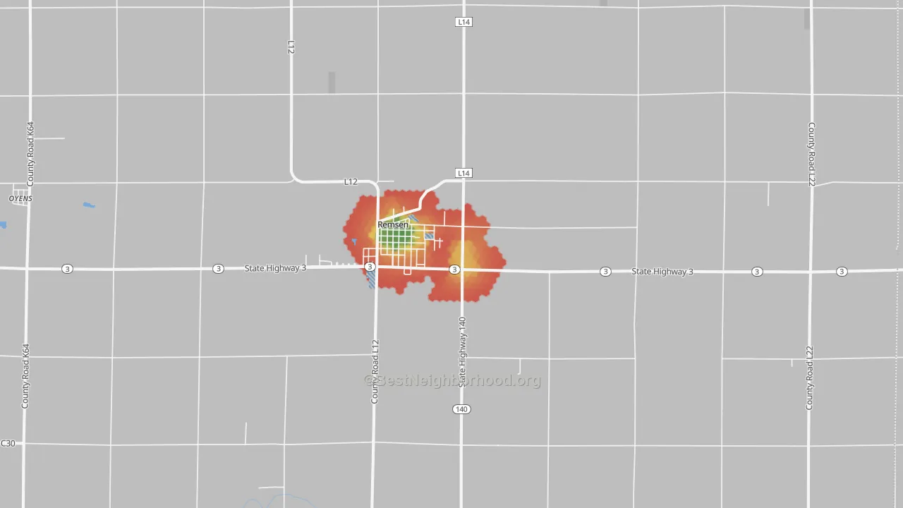 Walk Grade map of Remsen, IA, walkable areas in green and car-dependent areas in red