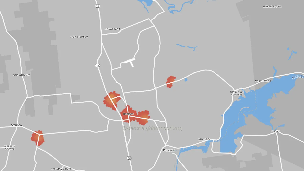 Walk Grade map of Remsen, NY, walkable areas in green and car-dependent areas in red