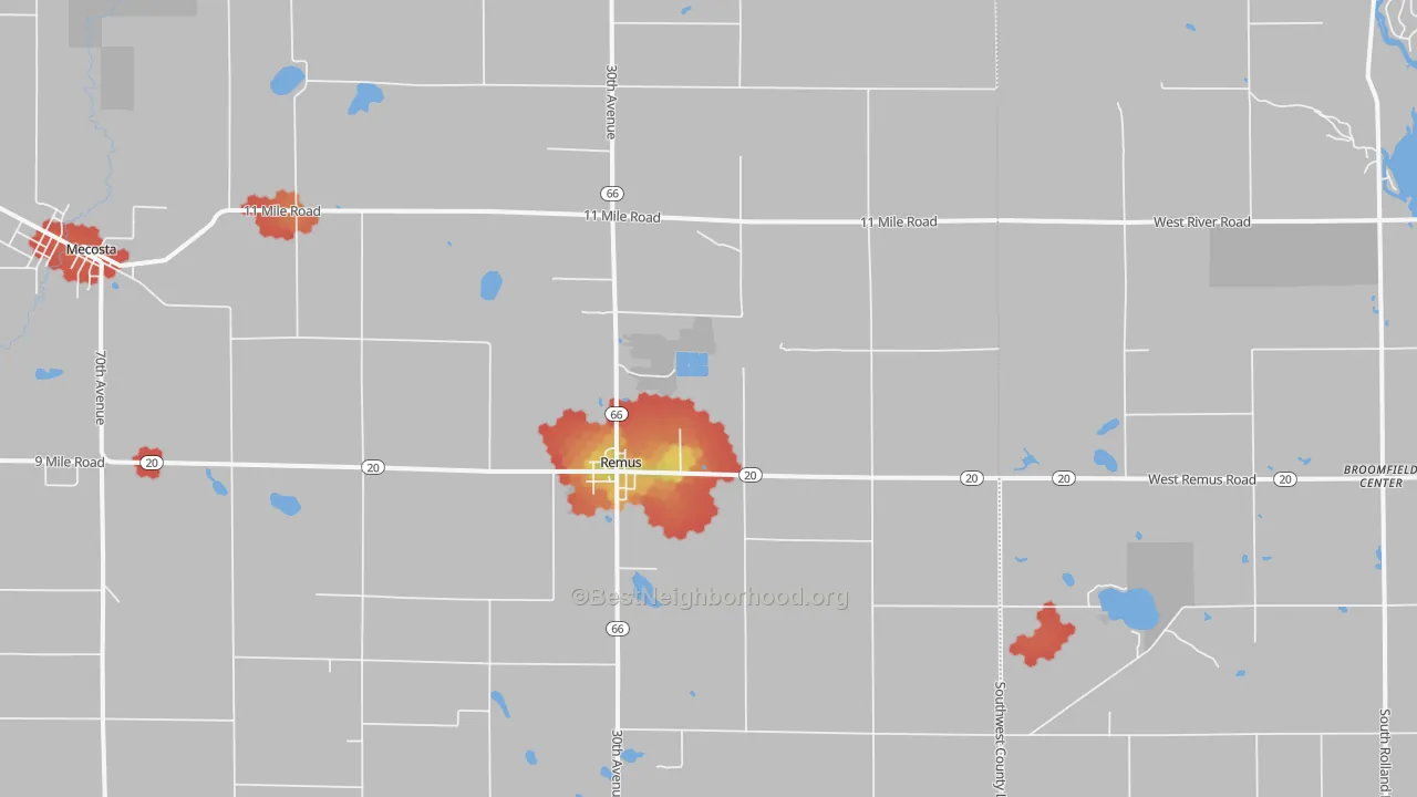 Walk Grade map of Remus, MI, walkable areas in green and car-dependent areas in red