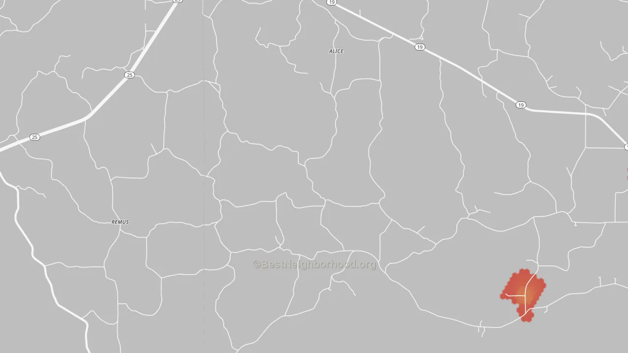 Walk Grade map of Remus, MS, walkable areas in green and car-dependent areas in red