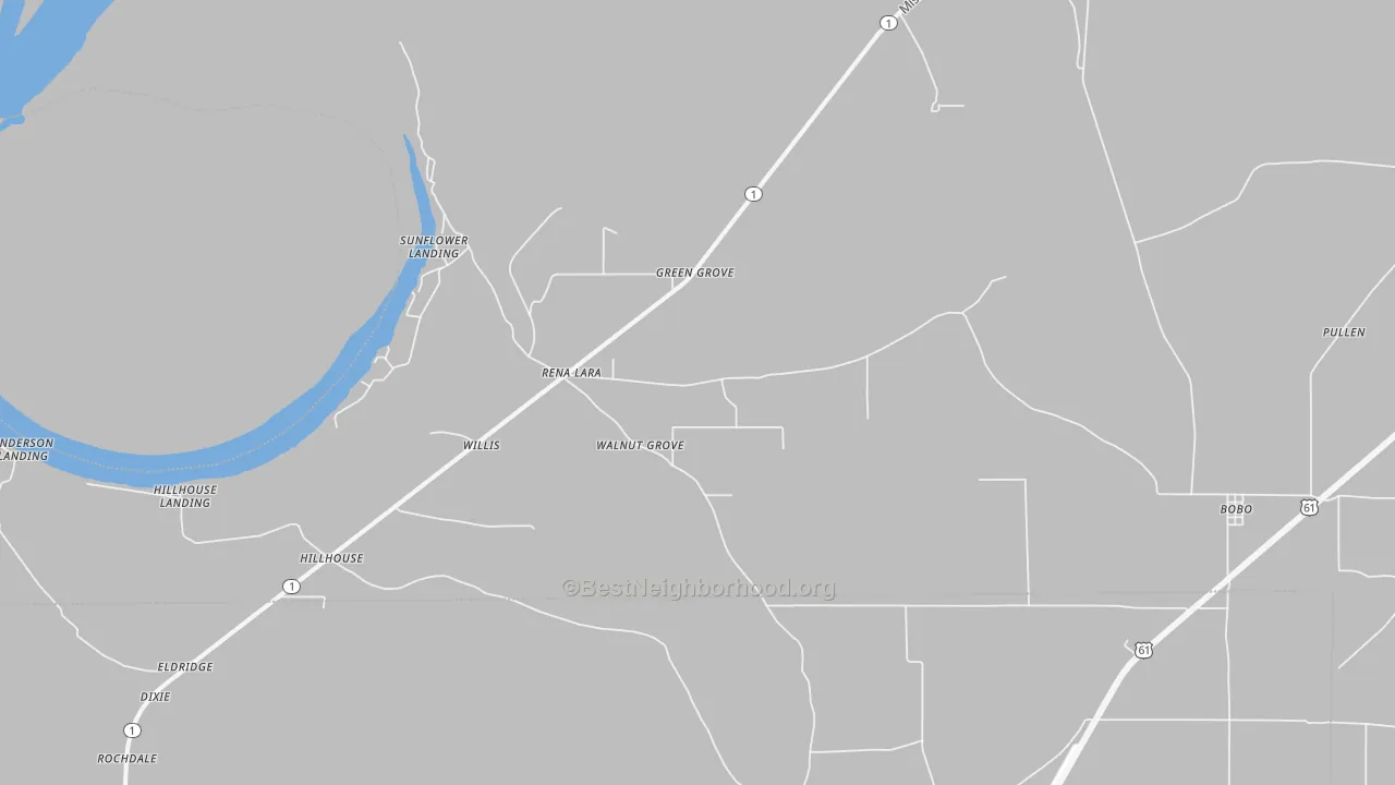 Walk Grade map of Rena Lara, MS, walkable areas in green and car-dependent areas in red