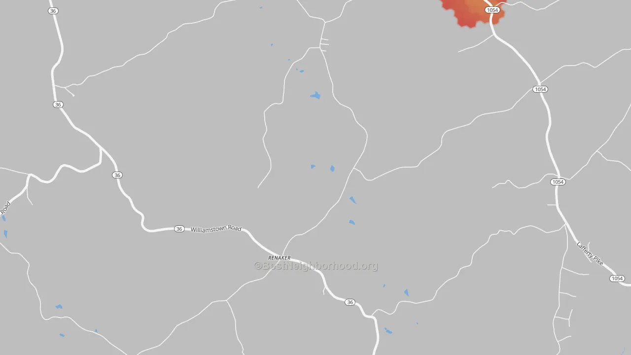 Walk Grade map of Renaker, KY, walkable areas in green and car-dependent areas in red