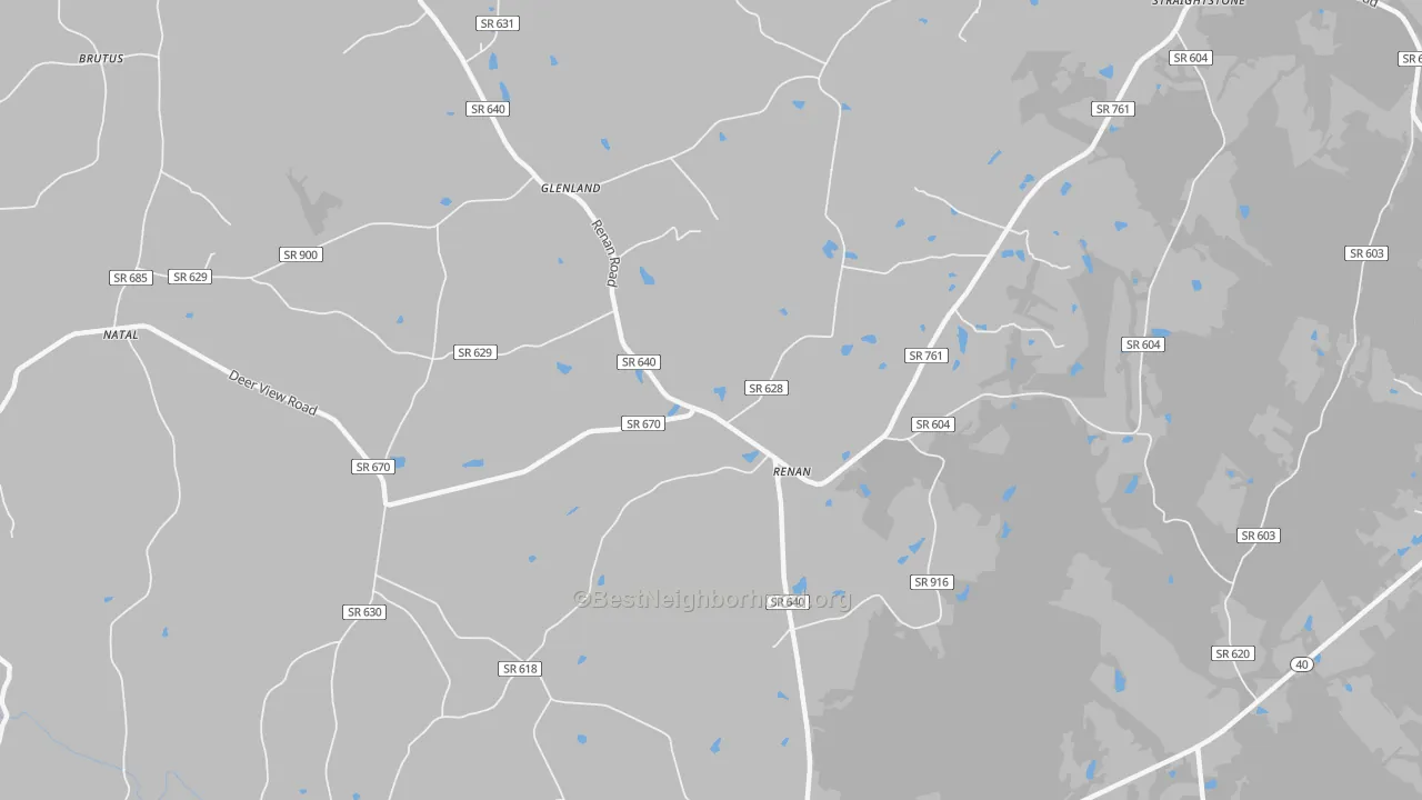 Walk Grade map of Renan, VA, walkable areas in green and car-dependent areas in red