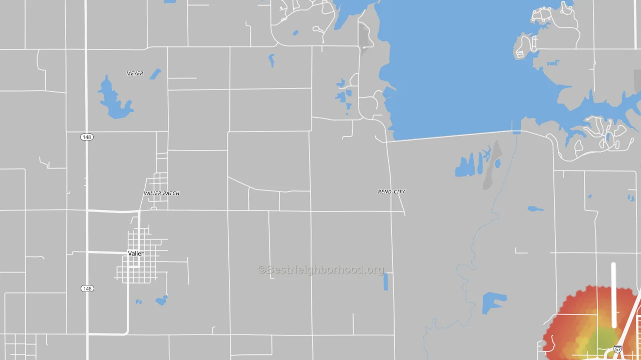 Walk Grade map of Rend City, IL, walkable areas in green and car-dependent areas in red