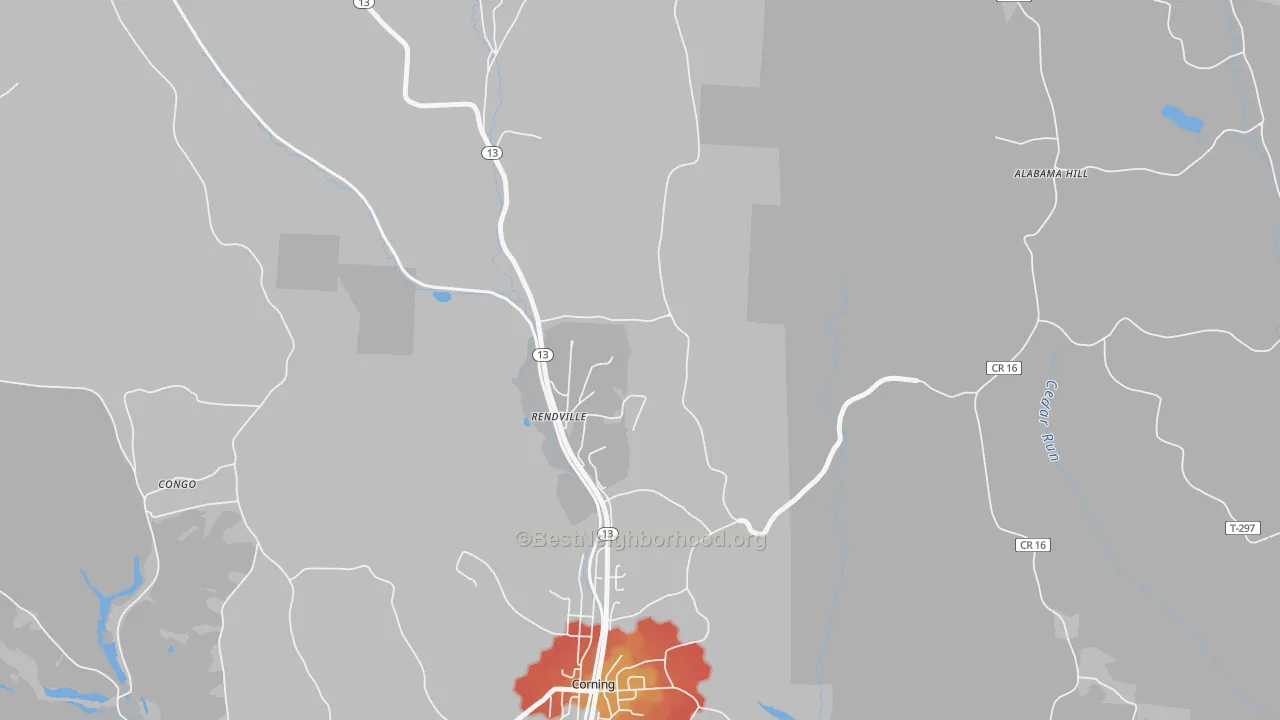 Walk Grade map of Rendville, OH, walkable areas in green and car-dependent areas in red