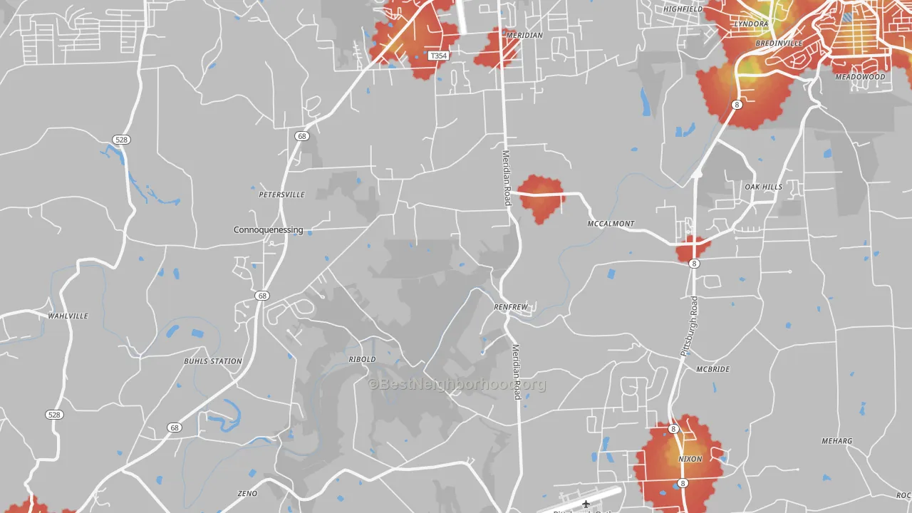 Walk Grade map of Renfrew, PA, walkable areas in green and car-dependent areas in red