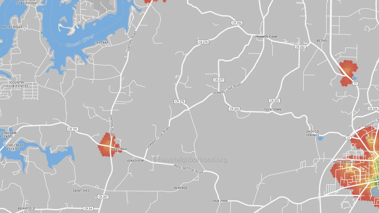 Walk Grade map of Renfroe, AL, walkable areas in green and car-dependent areas in red