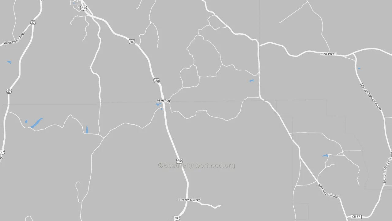 Walk Grade map of Renfroe, GA, walkable areas in green and car-dependent areas in red