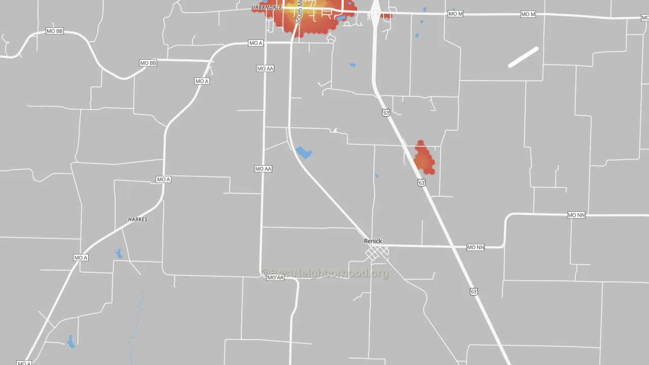 Walk Grade map of Renick, MO, walkable areas in green and car-dependent areas in red