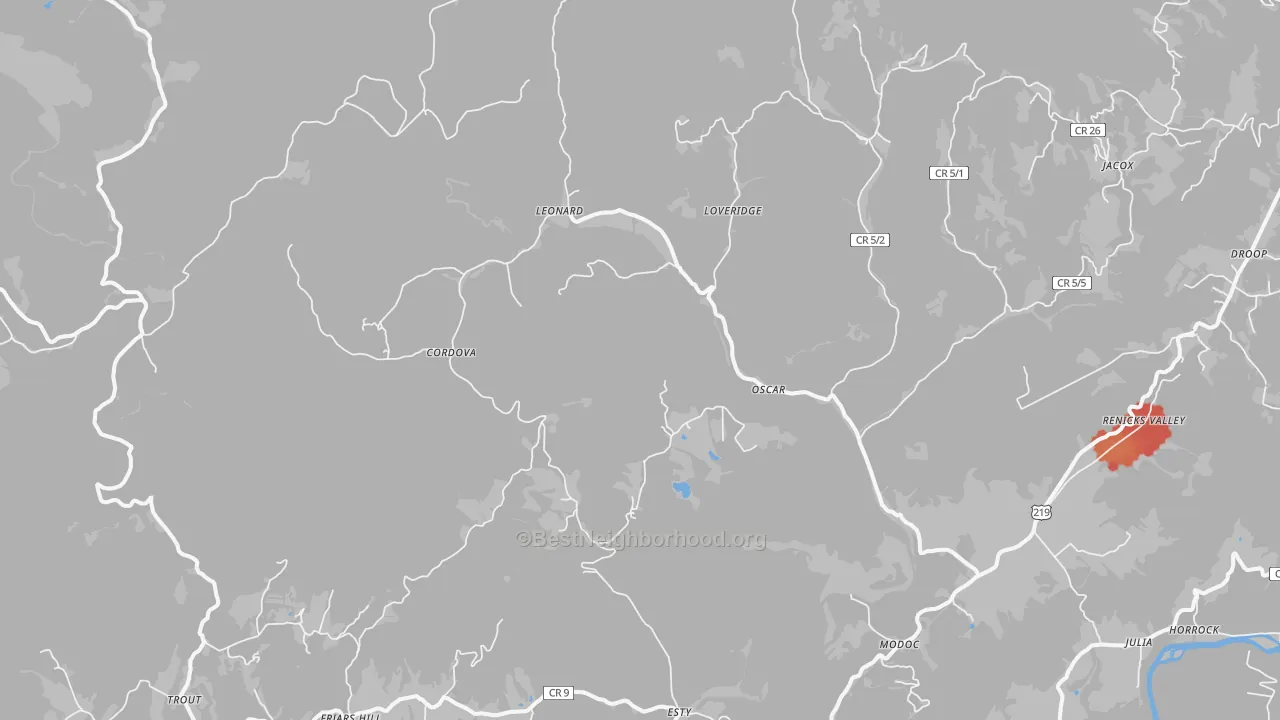 Walk Grade map of Renick, WV, walkable areas in green and car-dependent areas in red
