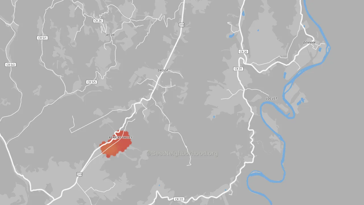 Walk Grade map of Renicks Valley, WV, walkable areas in green and car-dependent areas in red