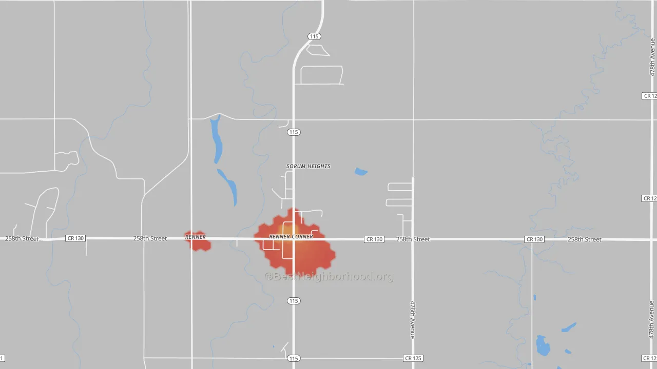 Walk Grade map of Renner Corner, SD, walkable areas in green and car-dependent areas in red