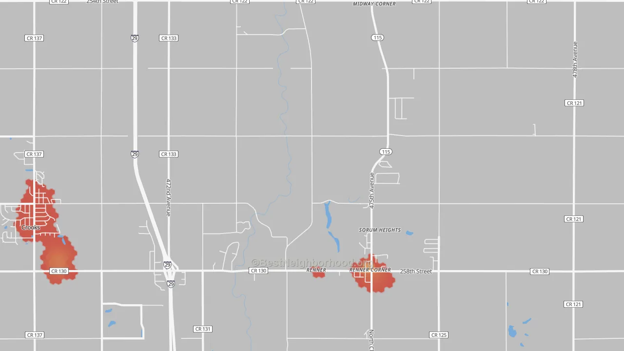Walk Grade map of Renner, SD, walkable areas in green and car-dependent areas in red