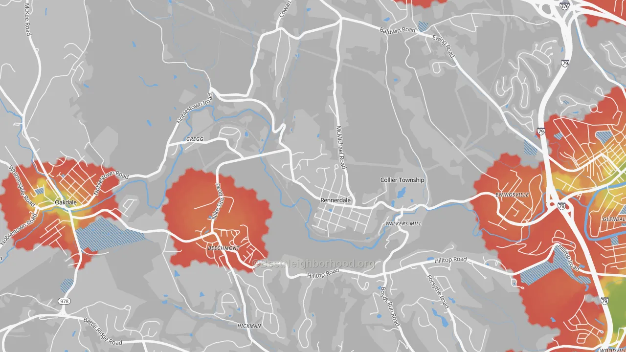 Walk Grade map of Rennerdale, PA, walkable areas in green and car-dependent areas in red
