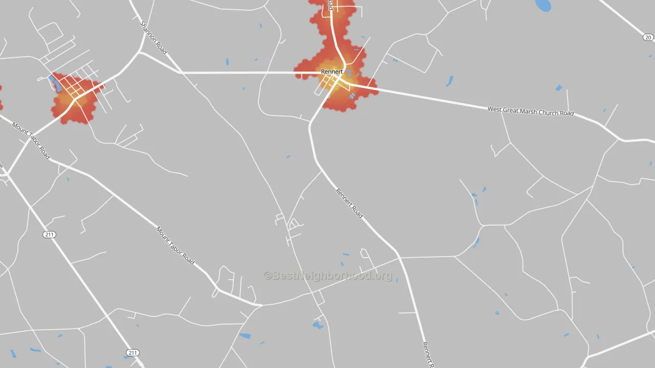 Walk Grade map of Rennert, NC, walkable areas in green and car-dependent areas in red