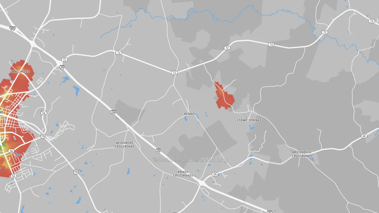 Walk Grade map of Renno, SC, walkable areas in green and car-dependent areas in red
