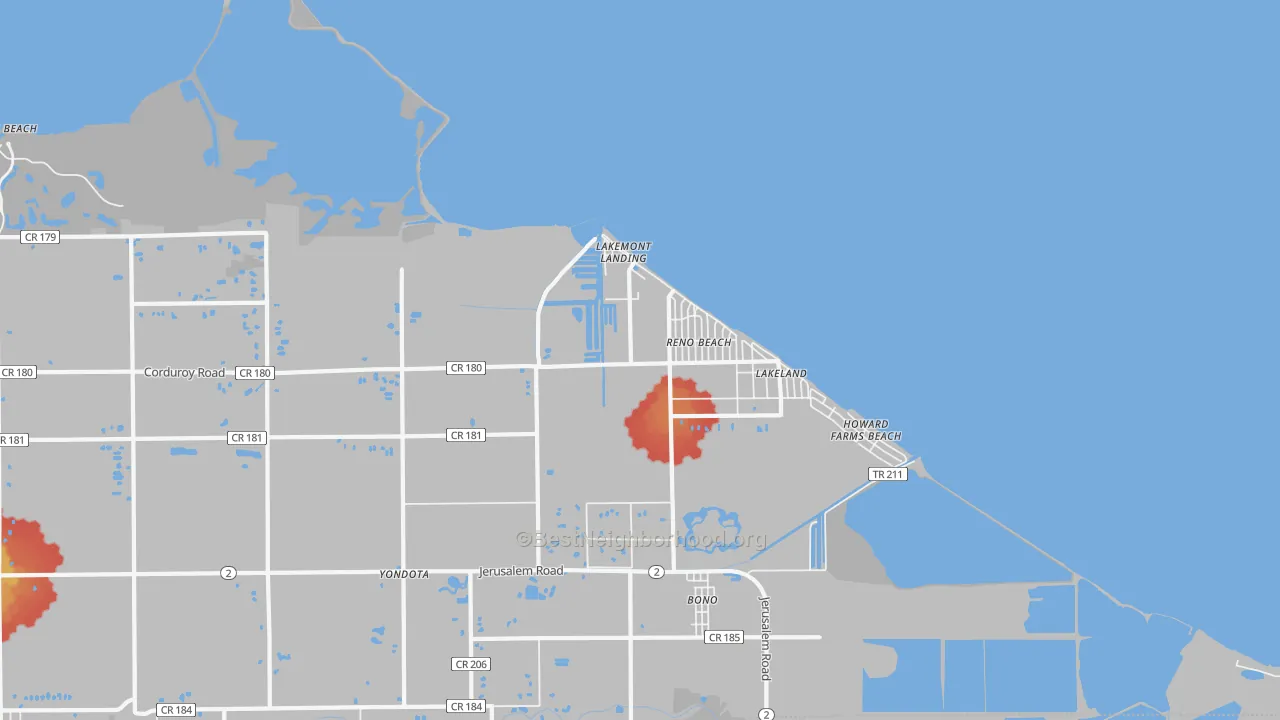 Walk Grade map of Reno Beach, OH, walkable areas in green and car-dependent areas in red