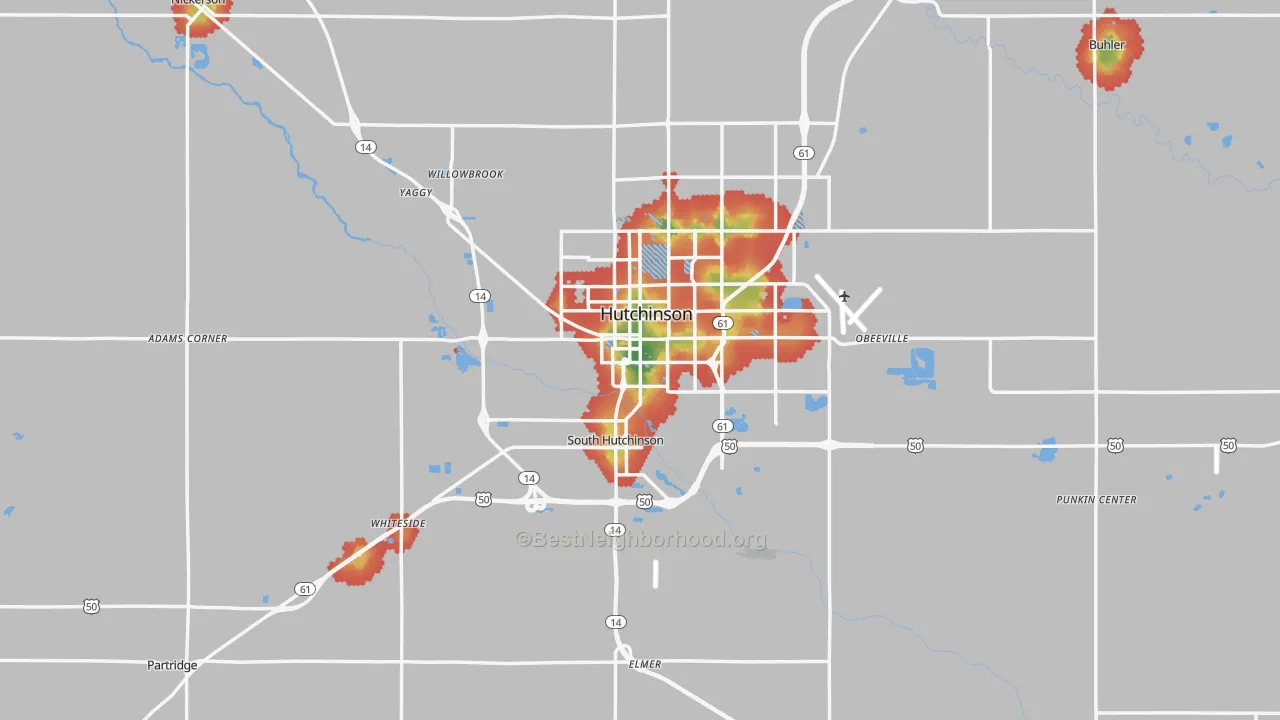 Walk Grade map of Reno County, KS, walkable areas in green and car-dependent areas in red