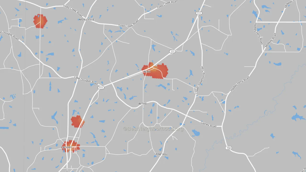 Walk Grade map of Reno, GA, walkable areas in green and car-dependent areas in red