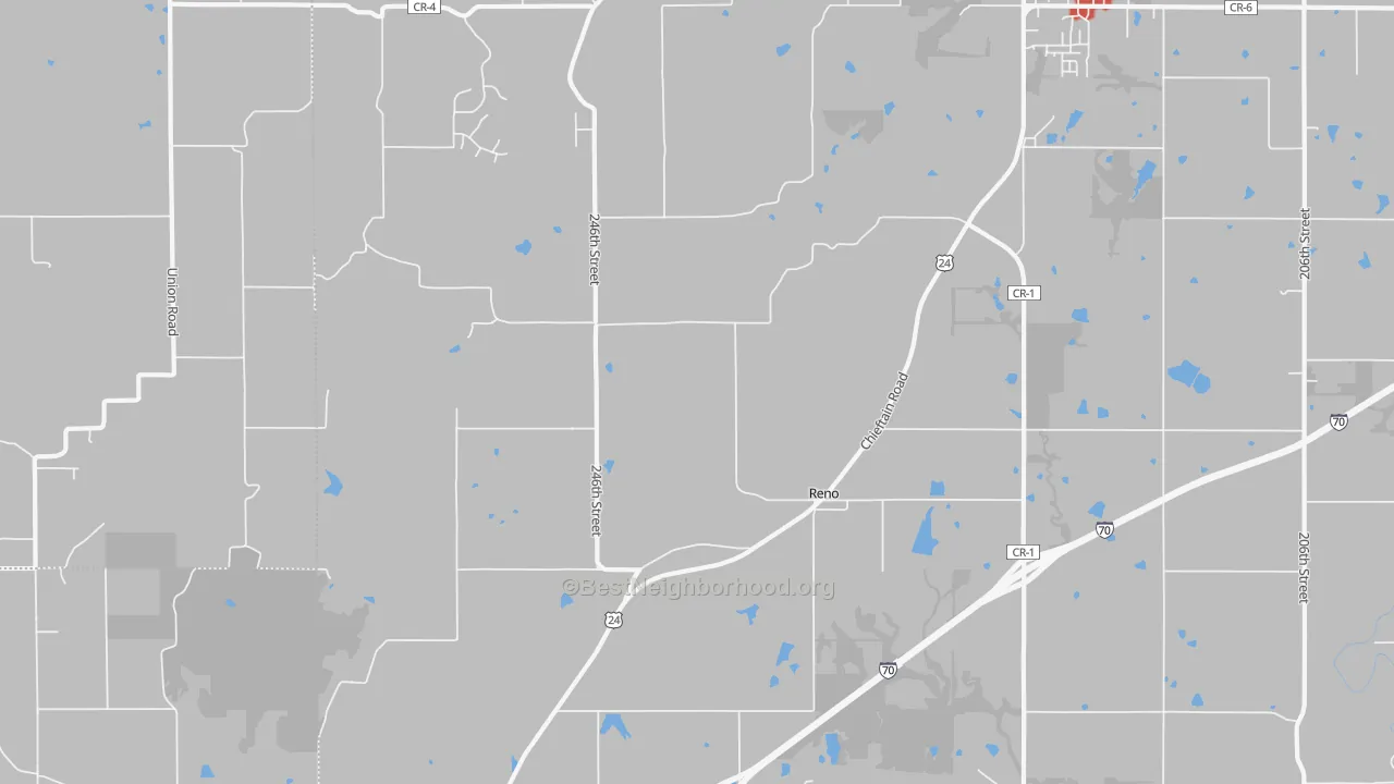 Walk Grade map of Reno, KS, walkable areas in green and car-dependent areas in red