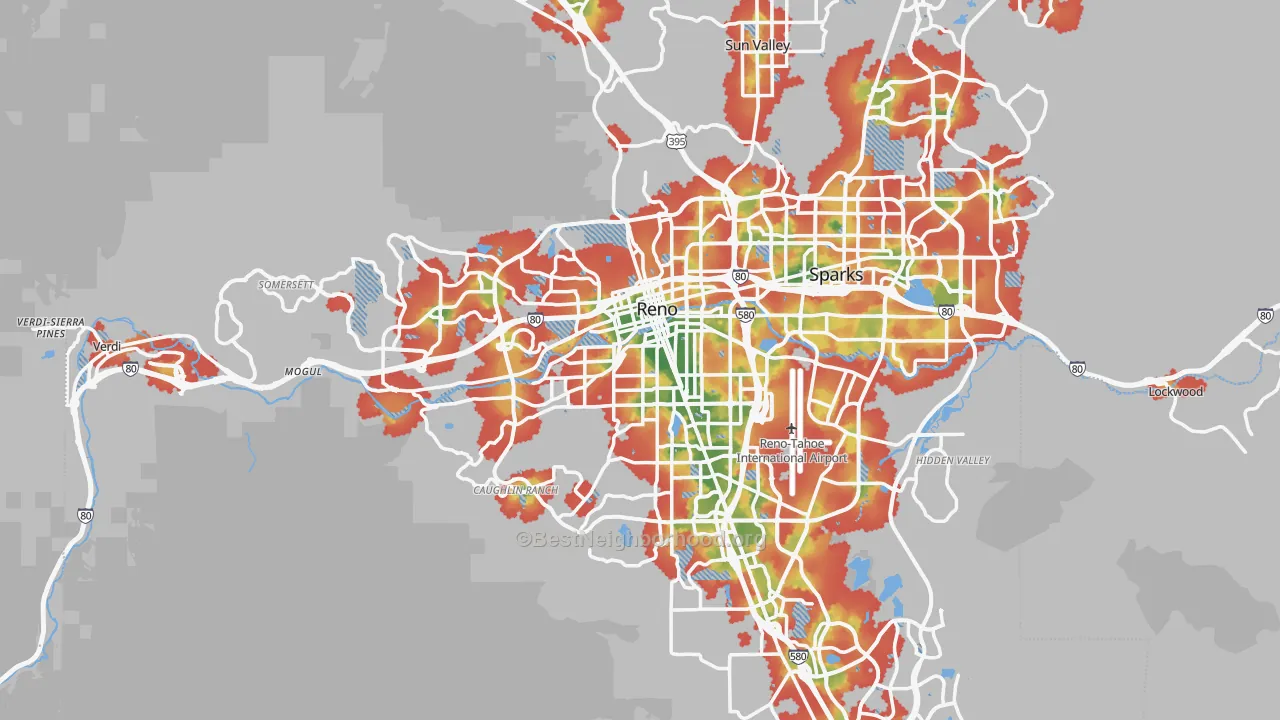 Walk Grade map of Reno, NV, walkable areas in green and car-dependent areas in red
