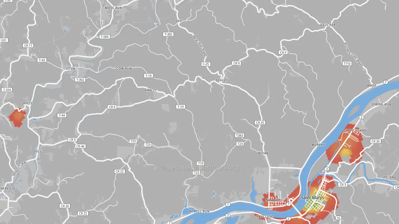 Walk Grade map of Reno, OH, walkable areas in green and car-dependent areas in red